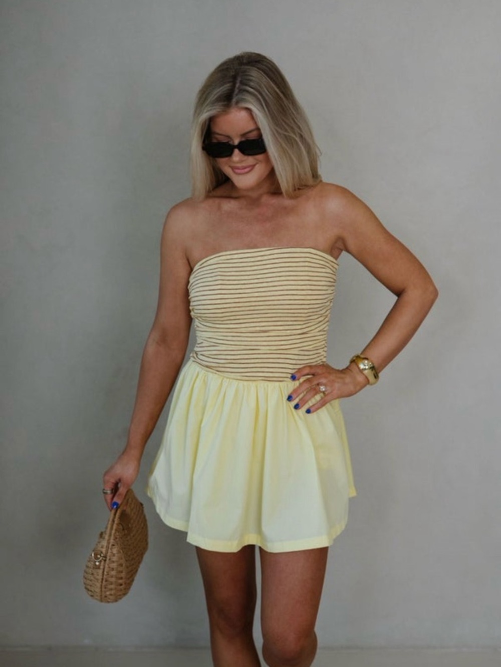 emory park Yellow Strapless Mini Dress with Striped Bodice